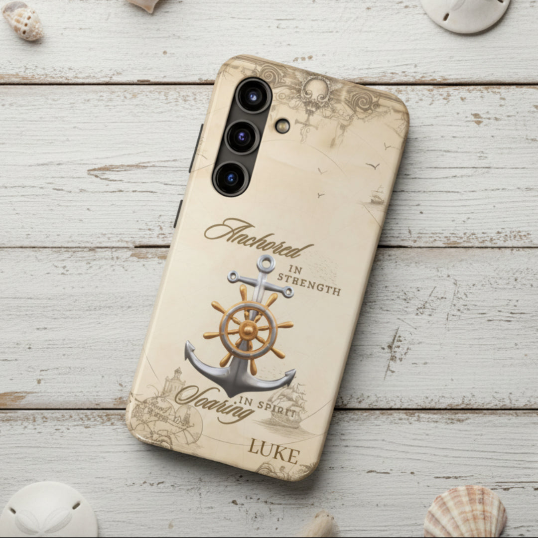 Phone case with anchor and ship wheel design that can be personalized.