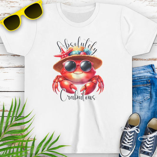 White t-shirt with a cartoon crab wearing sunglasses and a beach hat decorated with seashells, with the text “Absolutely Crabulous.”