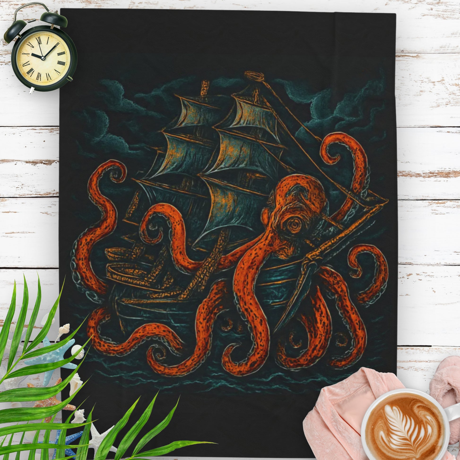 Black velveteen blanket with an octopus enveloping a pirate ship with stormy clouds in the background.