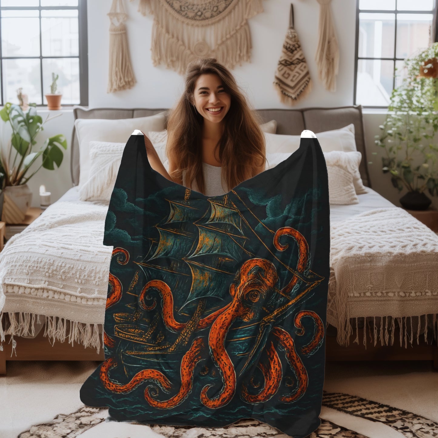 Woman holding a decorative blanket with an octopus design in a cozy bedroom.