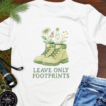 White T-shirt with hiking boots and wildflowers that says "Leave Only Footprints."