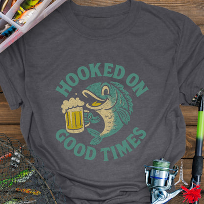 Gray T-shirt with a cartoon fish holding a beer mug and the words "Hooked On Good Times."