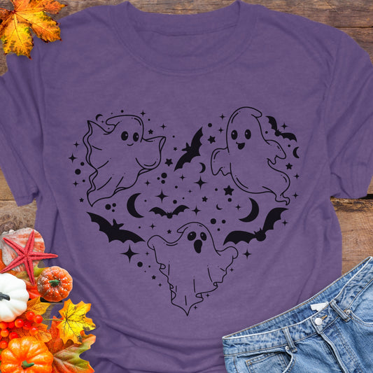 Purple unisex T-shirt with a design of white ghosts and black bats forming the shape of a heart.