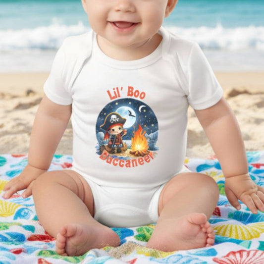 Baby wearing a 'Lil' Boo Buccaneers' onesie sitting on the beach.