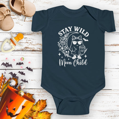 Navy blue infant bodysuit featuring a girl ghost sitting on a crescent moon with floral accents and a skull design, with the text “Stay Wild Moon Child.”