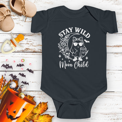 Black infant bodysuit featuring a girl ghost sitting on a crescent moon with floral accents and a skull design, with the text “Stay Wild Moon Child.”