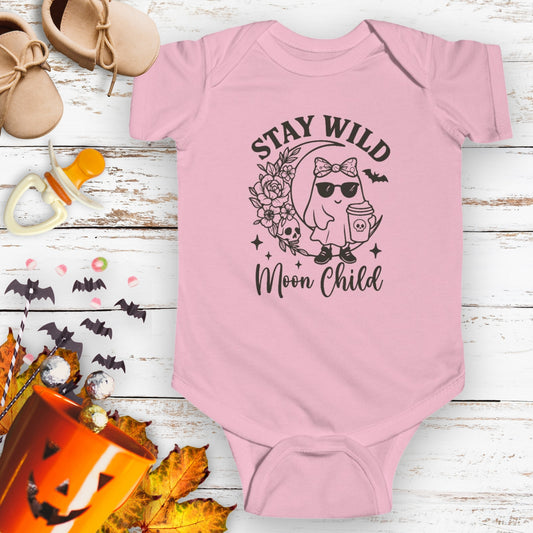 Pink infant bodysuit featuring a girl ghost sitting on a crescent moon with floral accents and a skull design, with the text “Stay Wild Moon Child.”