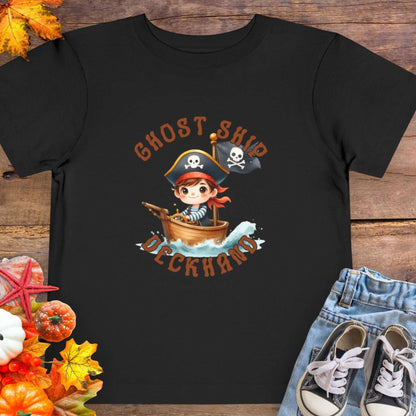 Black t-shirt with a cartoon pirate boy in a boat with text 'Ghost Ship Deckhand'. 