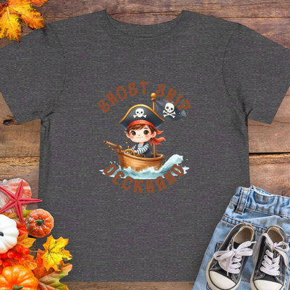 Gray t-shirt with a cartoon pirate boy in a boat with text 'Ghost Ship Deckhand'. 