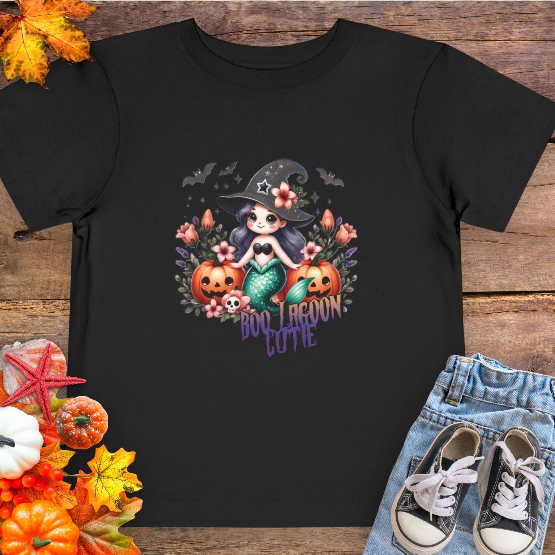 Black Toddler t-shirt design with a witchy mermaid sitting among pumpkins and flowers, with bats flying overhead and the words “Boo Lagoon Cutie.