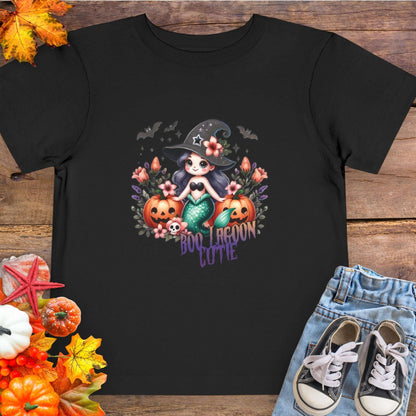 Black Toddler t-shirt design with a witchy mermaid sitting among pumpkins and flowers, with bats flying overhead and the words “Boo Lagoon Cutie.