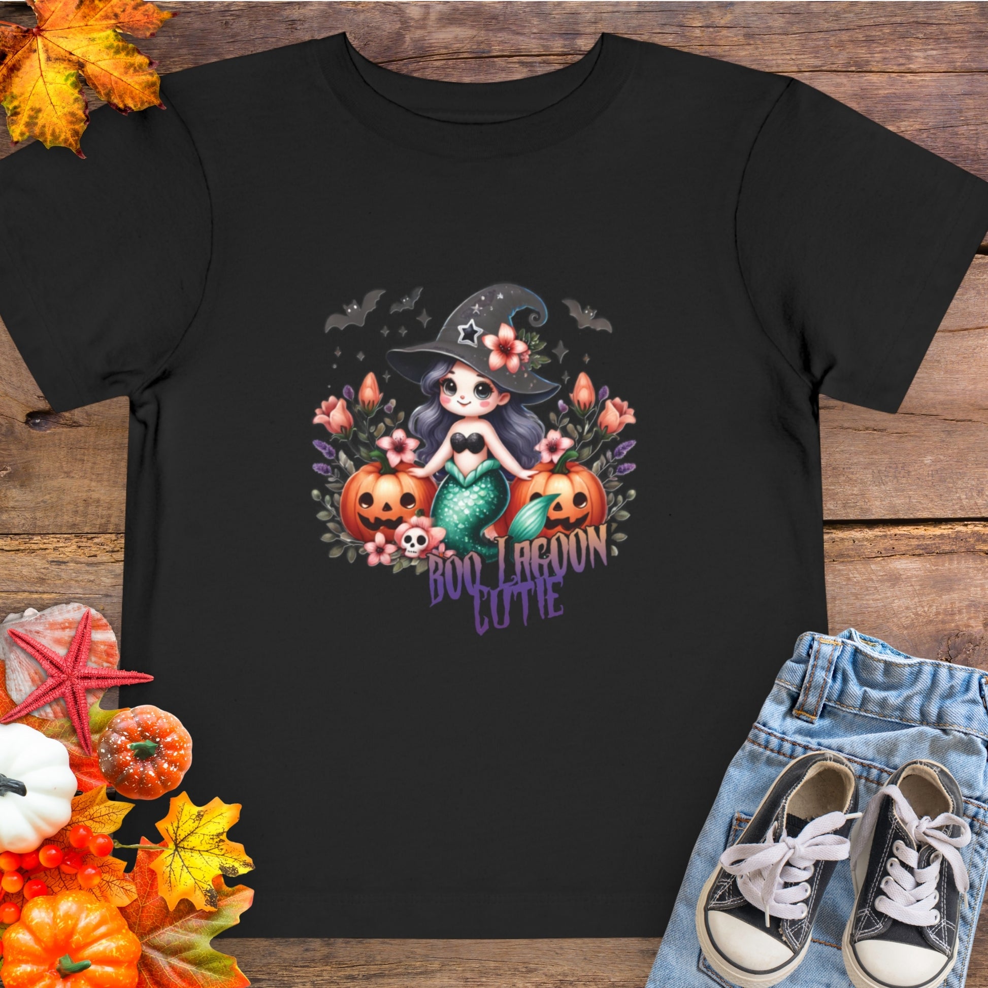 Black Toddler t-shirt design with a witchy mermaid sitting among pumpkins and flowers, with bats flying overhead and the words “Boo Lagoon Cutie.