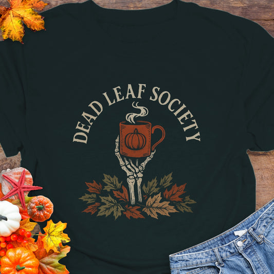 Black t-shirt with a skeleton hand holding a coffee cup above fall leaves and the text “Dead Leaf Society.”