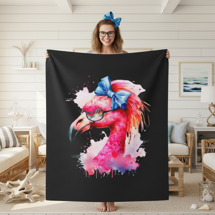 A black blanket with a colorful flamingo head with a big blue bow.