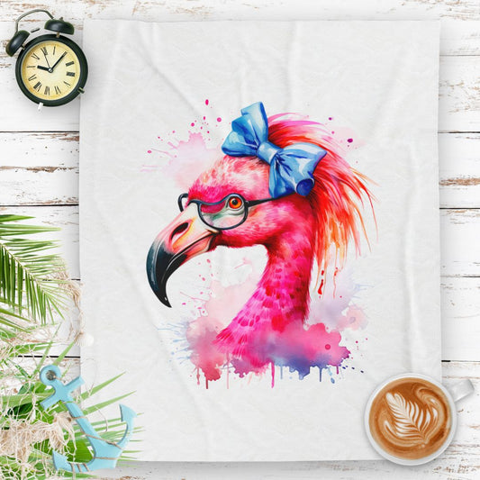 Glam Flamingo Plush White Blanket with watercolor flamingo head, glasses, and blue bow.