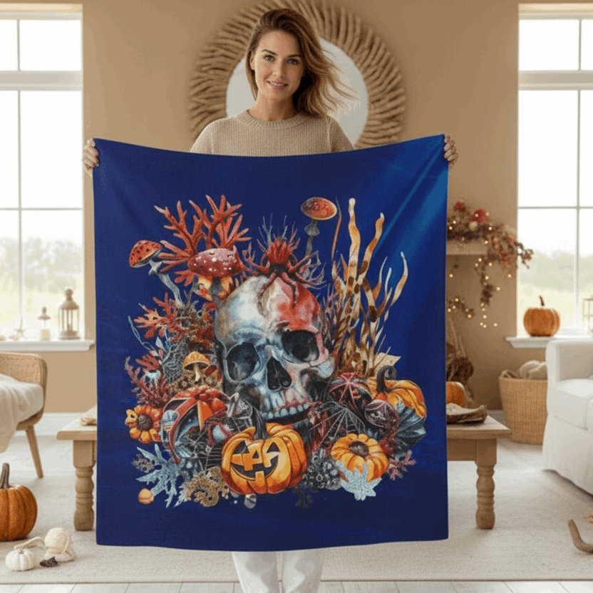 Woman holding a colorful blanket with a skull and pumpkins design on a blue background in a cozy room.