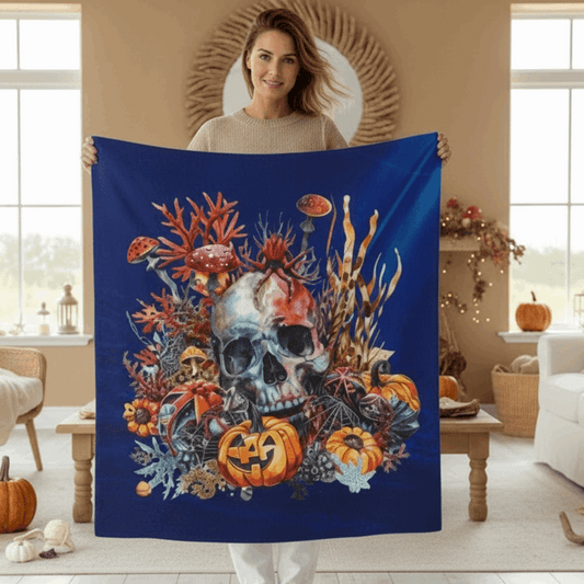 Woman holding a colorful blanket with a skull and pumpkins design on a blue background in a cozy room.