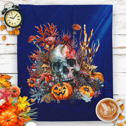 Halloween Skull Plush Blanket with skull, pumpkins, and underwater plants on dark blue background.