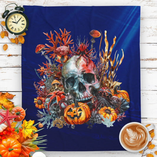 Halloween Skull Plush Blanket with skull, pumpkins, and underwater plants on dark blue background.