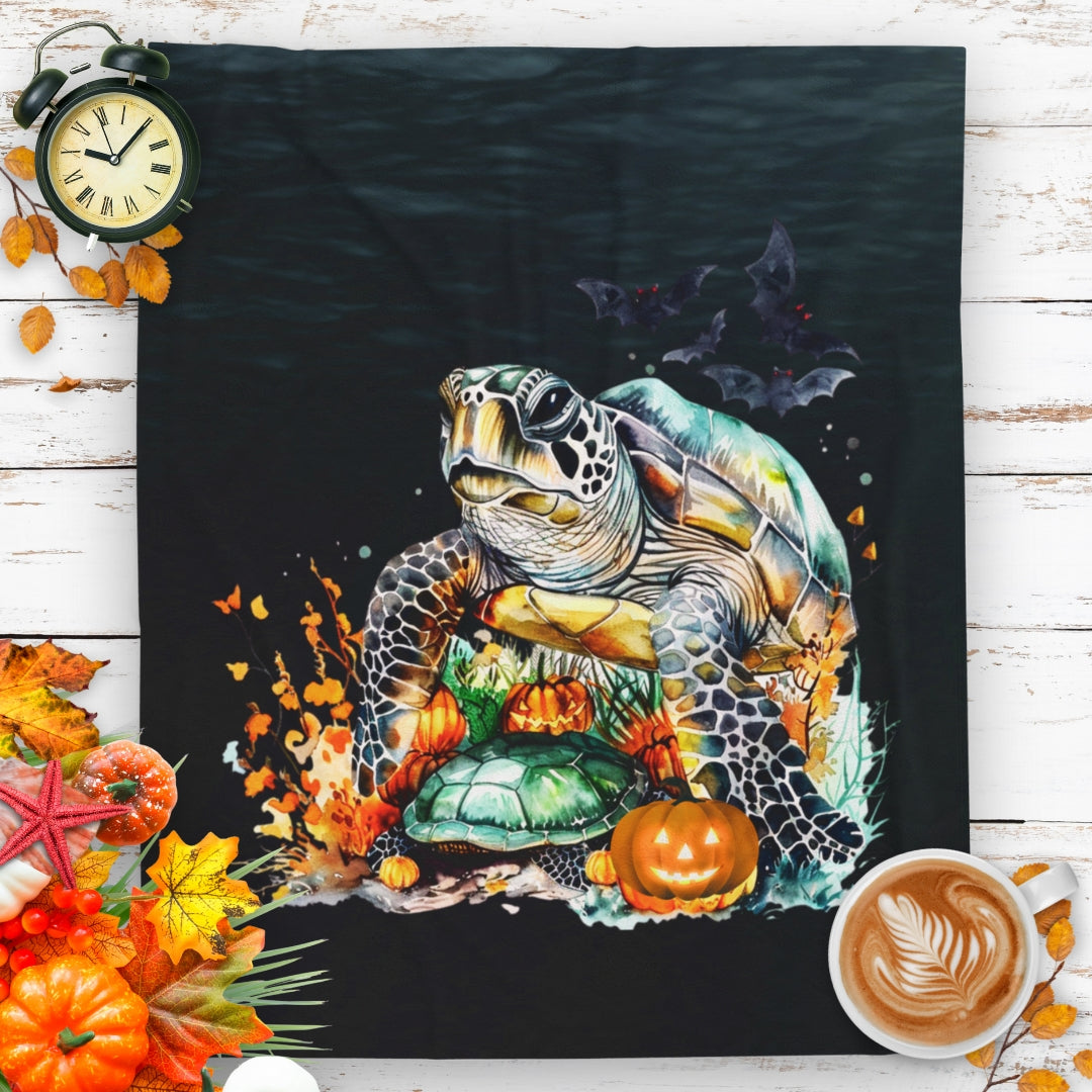 Sea Turtle Plush Blanket with underwater plants and pumpkins on dark water background.