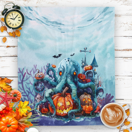 Light blue spooky plush blanket featuring octopus and underwater Halloween scene.