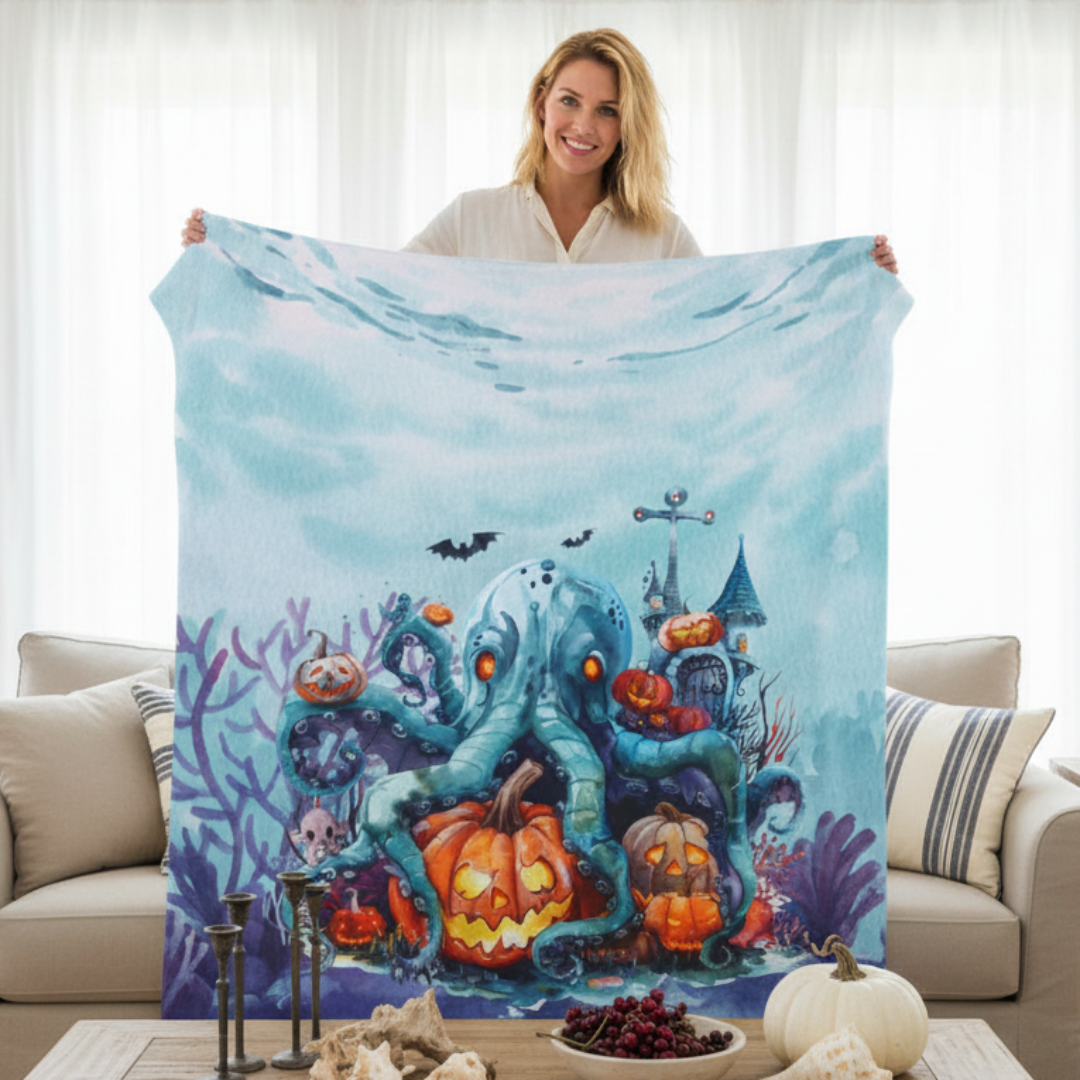 An octopus themed blanket with pumpkins for Halloween.