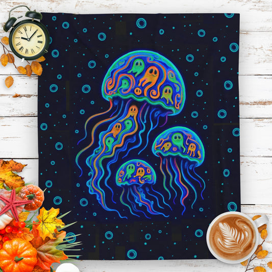 Pop art jellyfish blanket with pumpkins inside and water bubbles on black background.