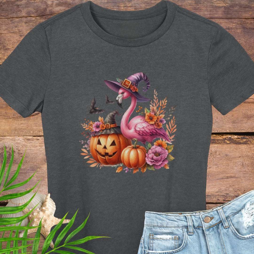 Dark gray t-shirt with a flamingo wearing a witch hat and surrounded by pumpkins and flowers.