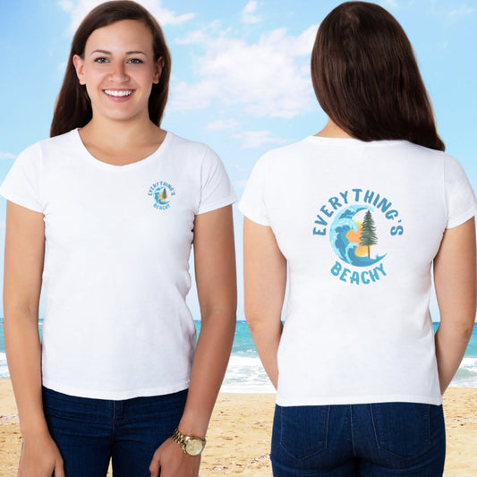 Person wearing a white women’s Everything’s Beachy logo t-shirt with pocket logo and full back design.