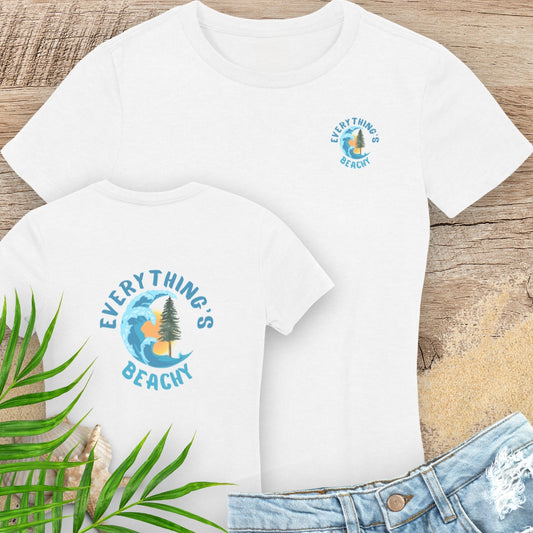Two white women’s Everything’s Beachy logo t-shirt with pocket logo and full back design.