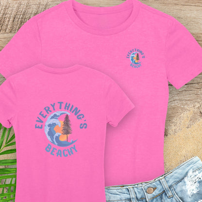 Two pink women’s Everything’s Beachy logo t-shirt with pocket logo and full back design.