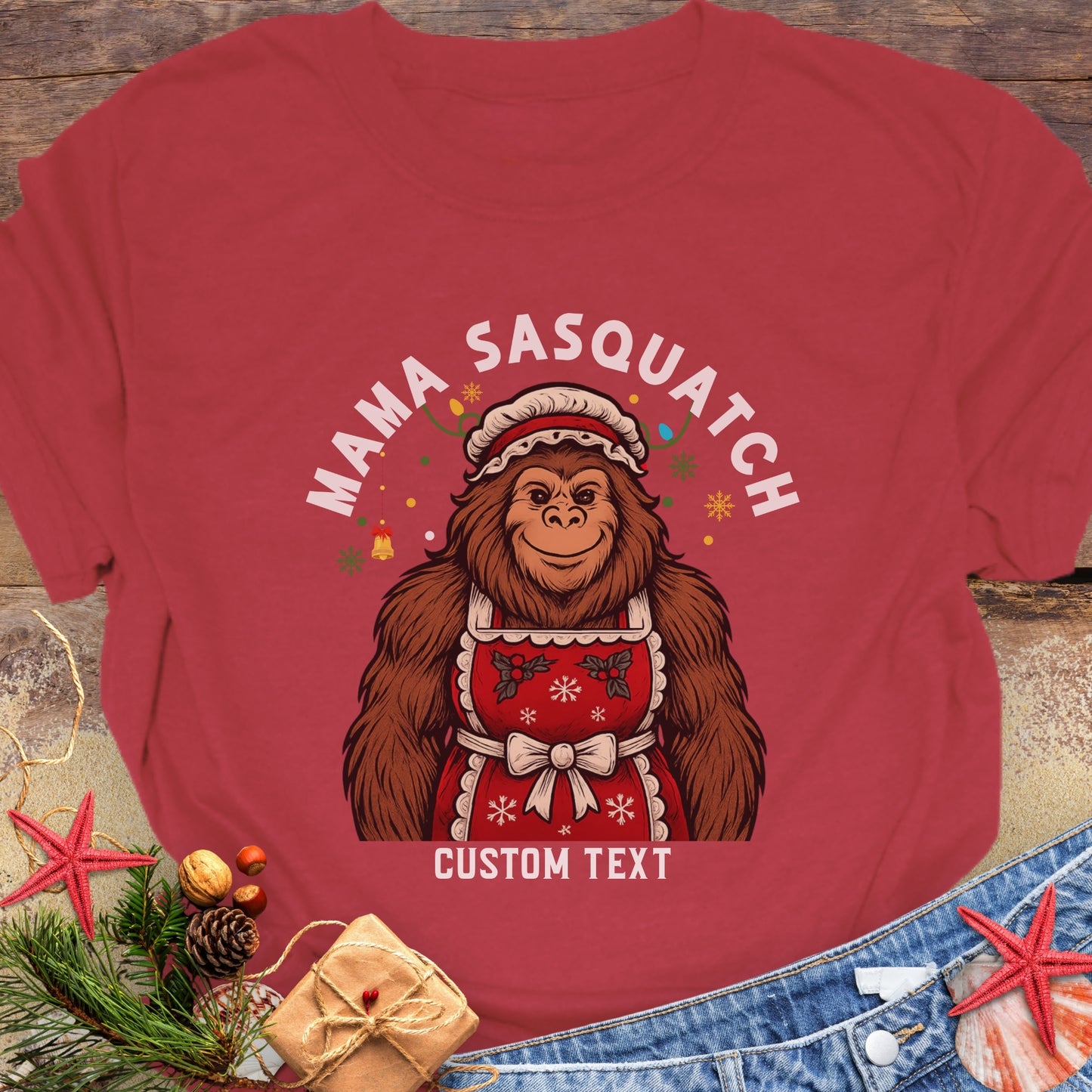 Red t-shirt with 'Mama Sasquatch' graphic and customizable text.