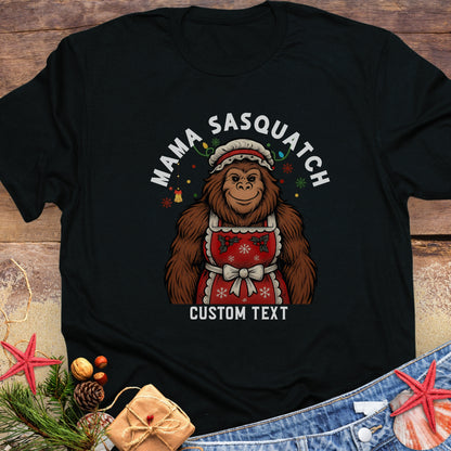 Black t-shirt with 'Mama Sasquatch' graphic and customizable text.