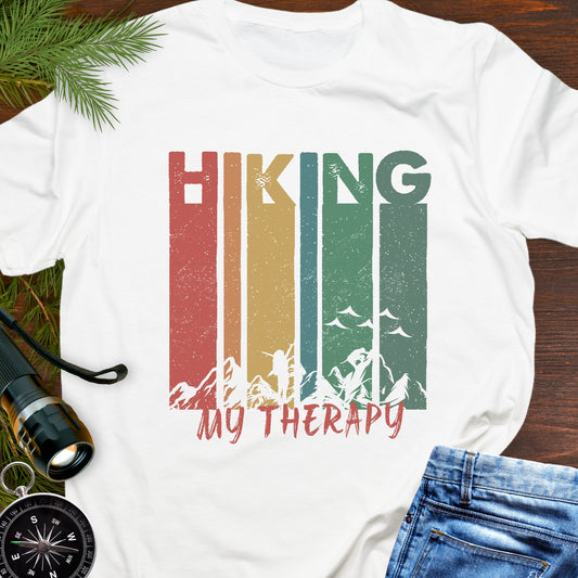 White Retro Rainbow Line Text Hiking My Therapy unisex t-shirt for outdoor lovers.