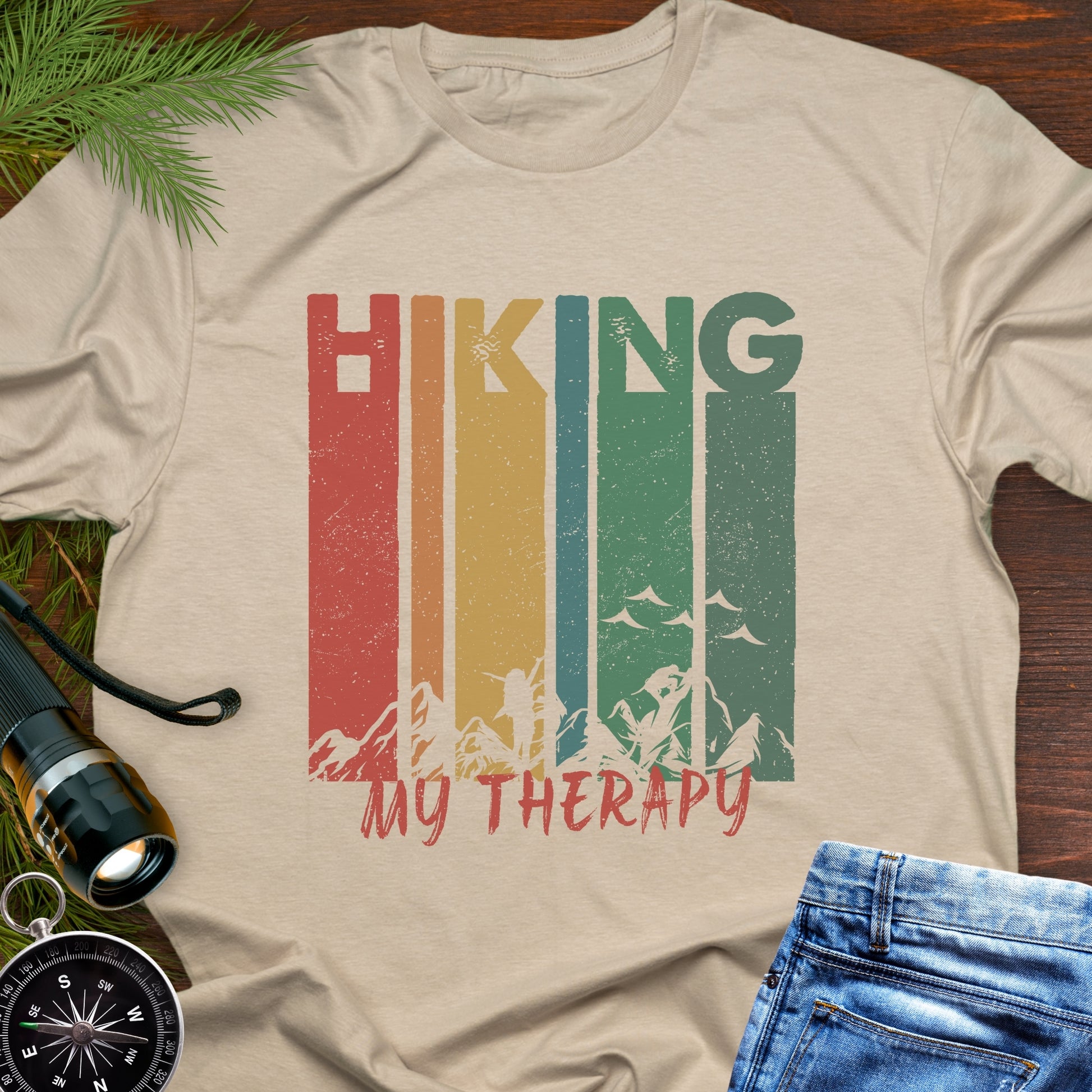 Beige Retro Rainbow Line Text Hiking My Therapy unisex t-shirt for outdoor lovers.