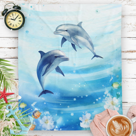 Tranquil Ocean Dolphin blanket with watercolor dolphin design and coastal theme.