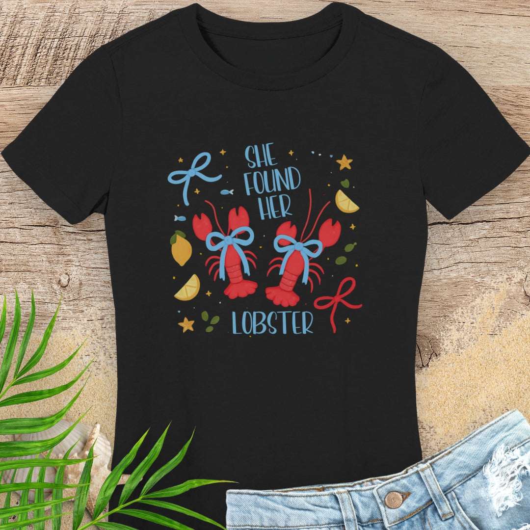 Black  woman's t-shirt with colorful lobster design and text She Found Her Lobster.