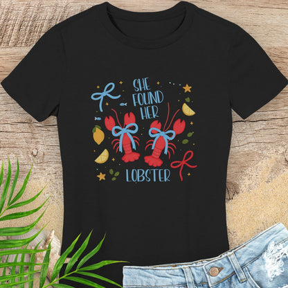 Black  woman's t-shirt with colorful lobster design and text She Found Her Lobster.