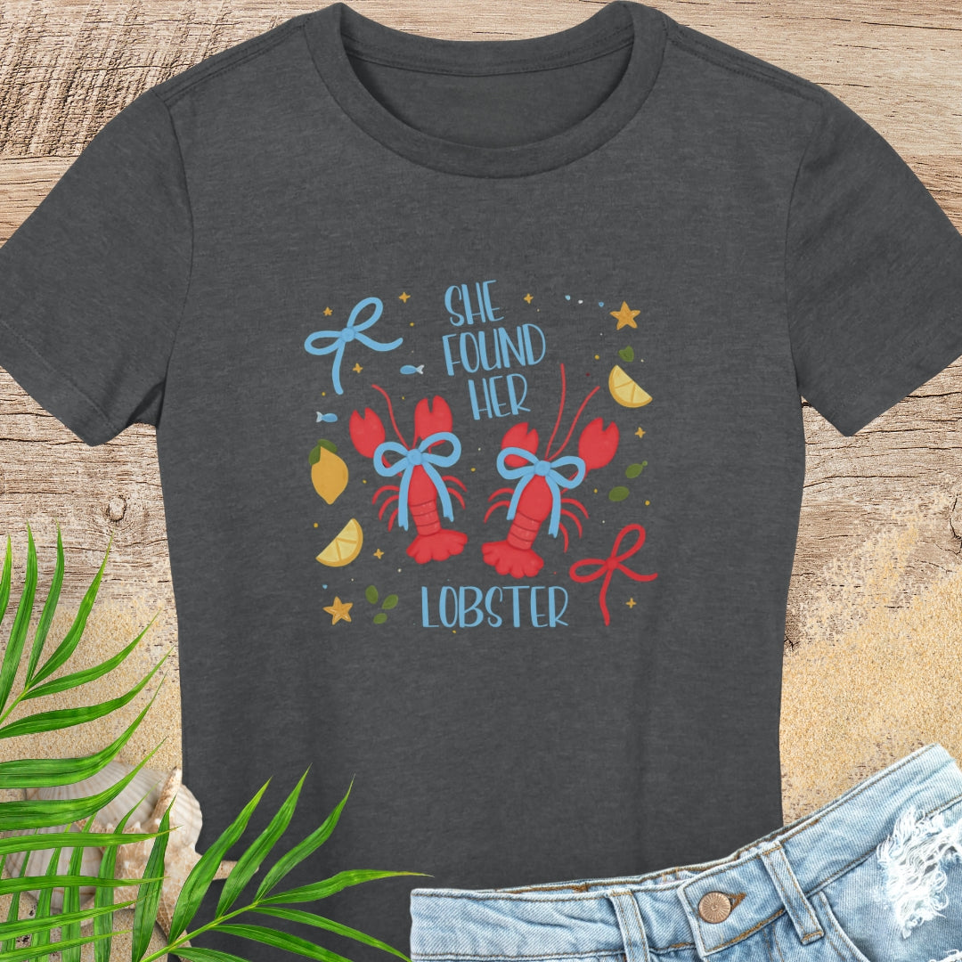 Dark gray  woman's t-shirt with colorful lobster design and text She Found Her Lobster.