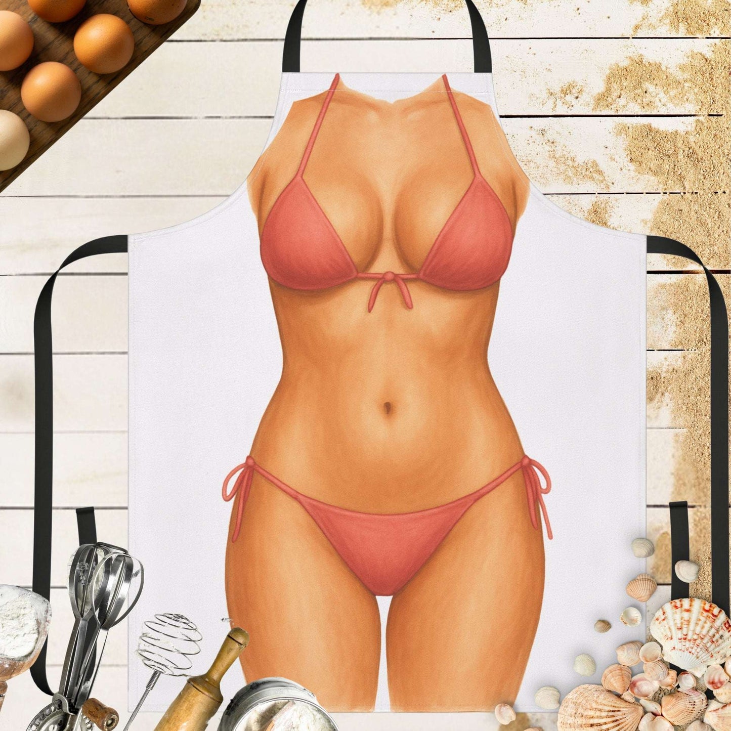 Apron with the body of a woman in a red bikini.