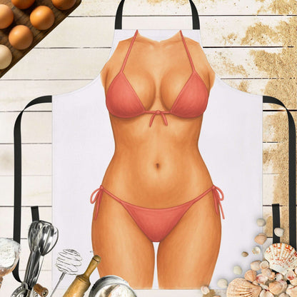 Apron with the body of a woman in a red bikini.