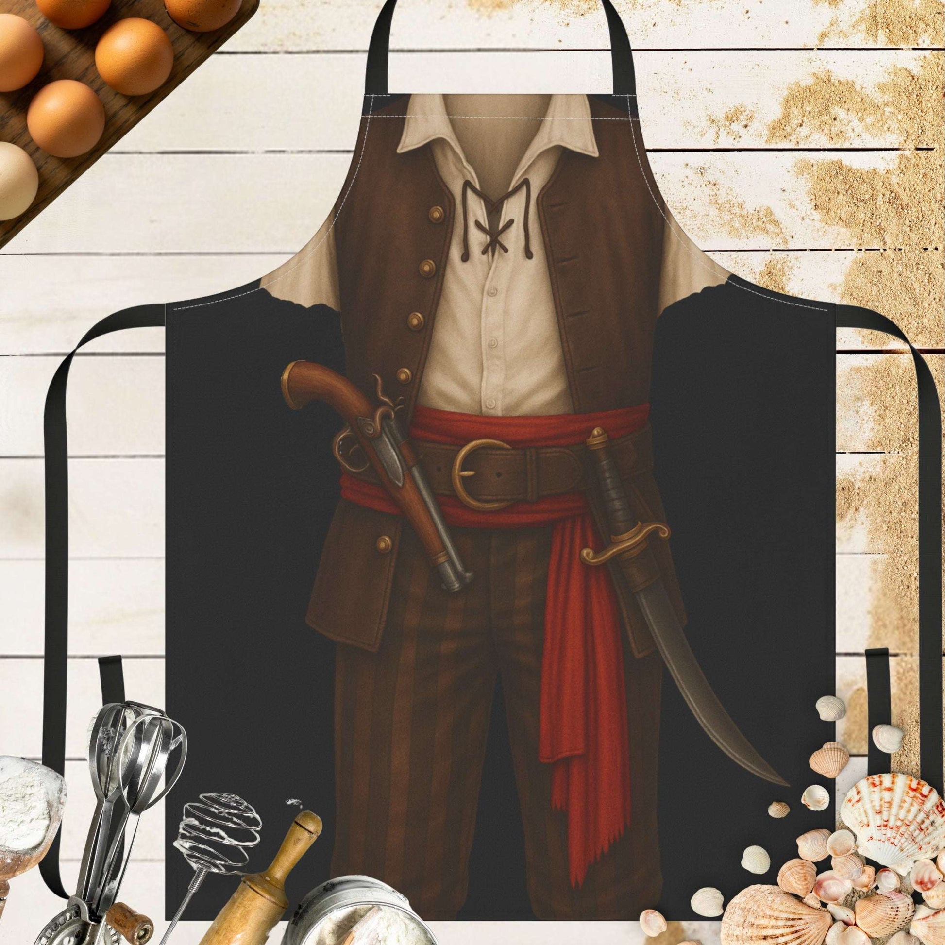 A funny pirate apron with black background.