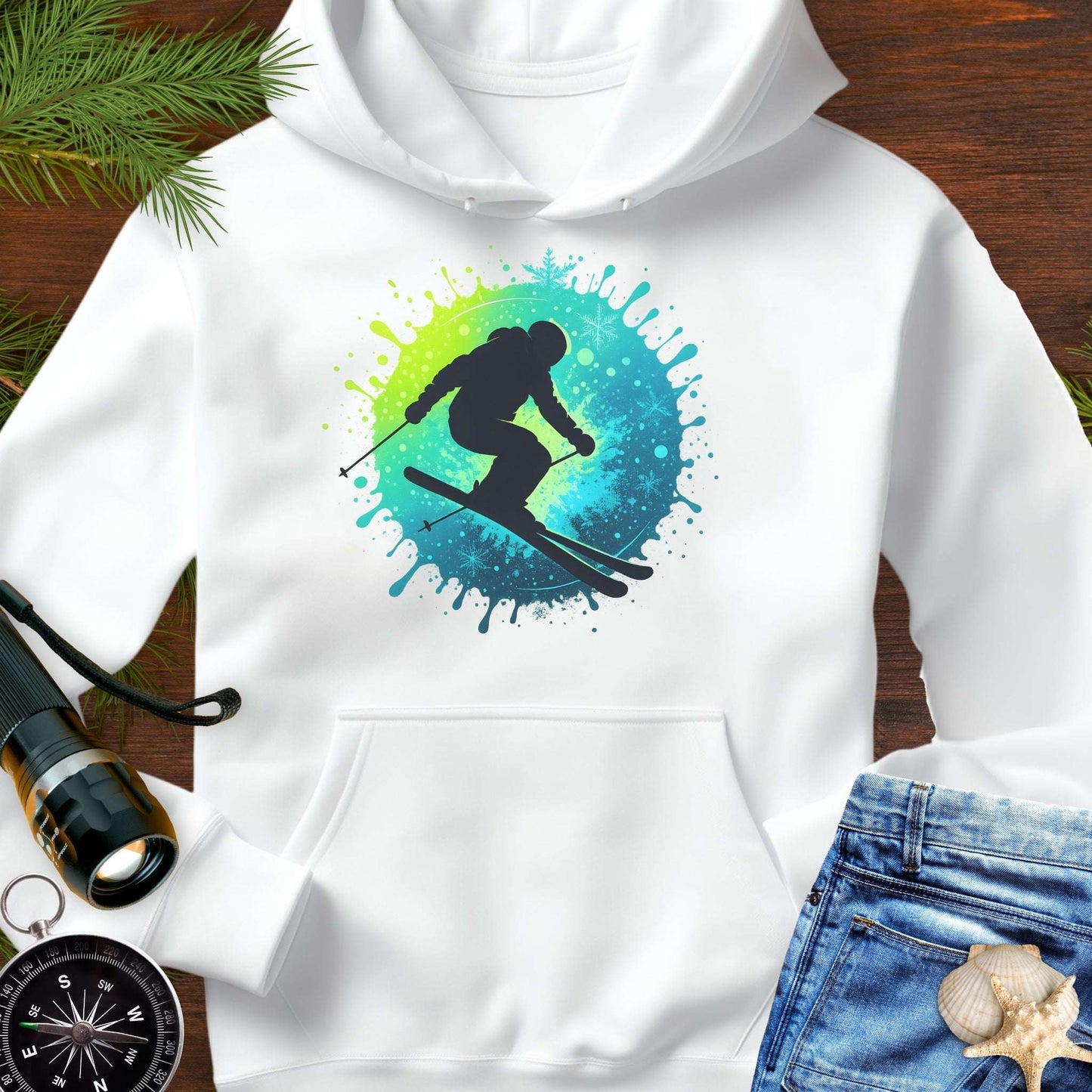 White hoodie with a colorful skiing graphic.