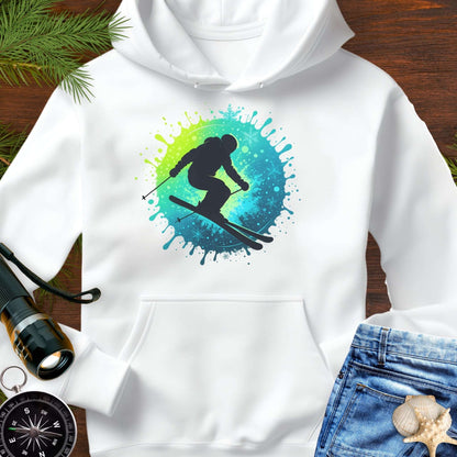 White hoodie with a colorful skiing graphic.