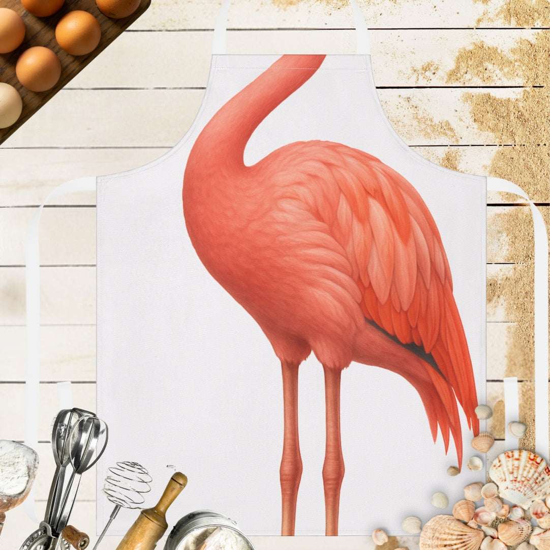 White apron with flamingo body and white straps.