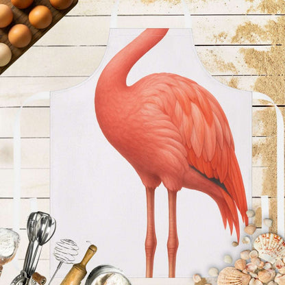 White apron with flamingo body and white straps.