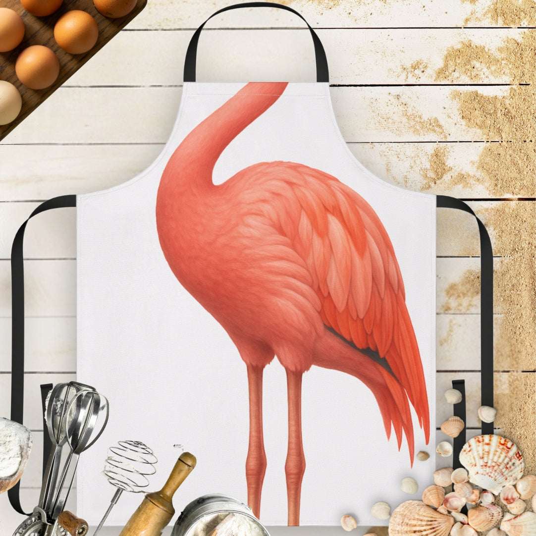 White apron with flamingo body and black straps.