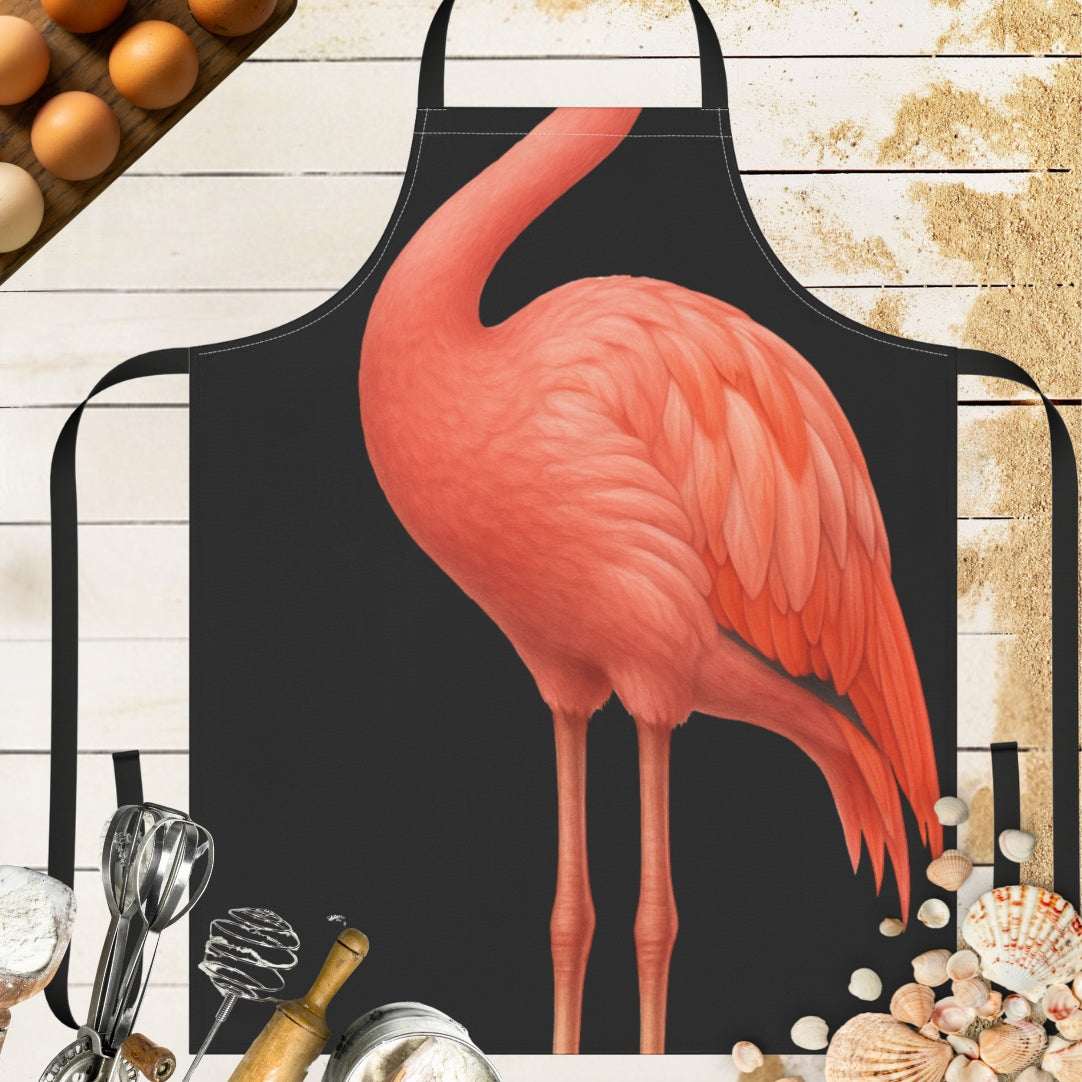 Black apron with flamingo body and black straps.