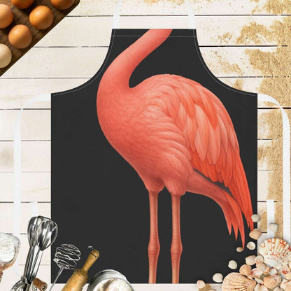 Black  apron with flamingo body and black straps.