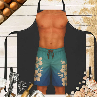 Funny black apron with man surfer body wearing tropical blue shorts.
